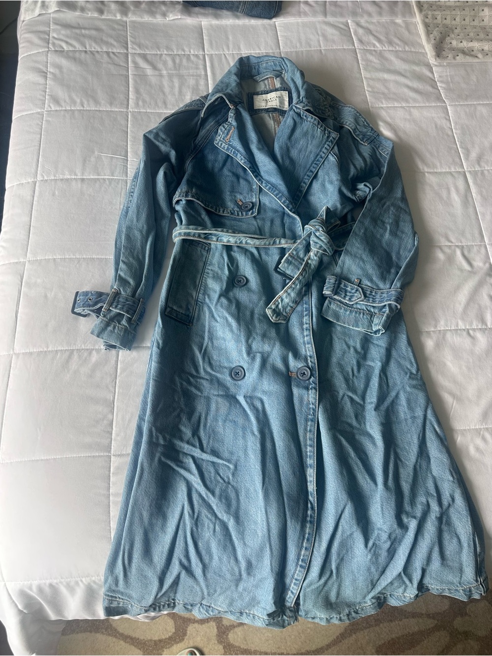 American Eagle Outfitters Light Blue Denim Trench Coat with Tie Belt